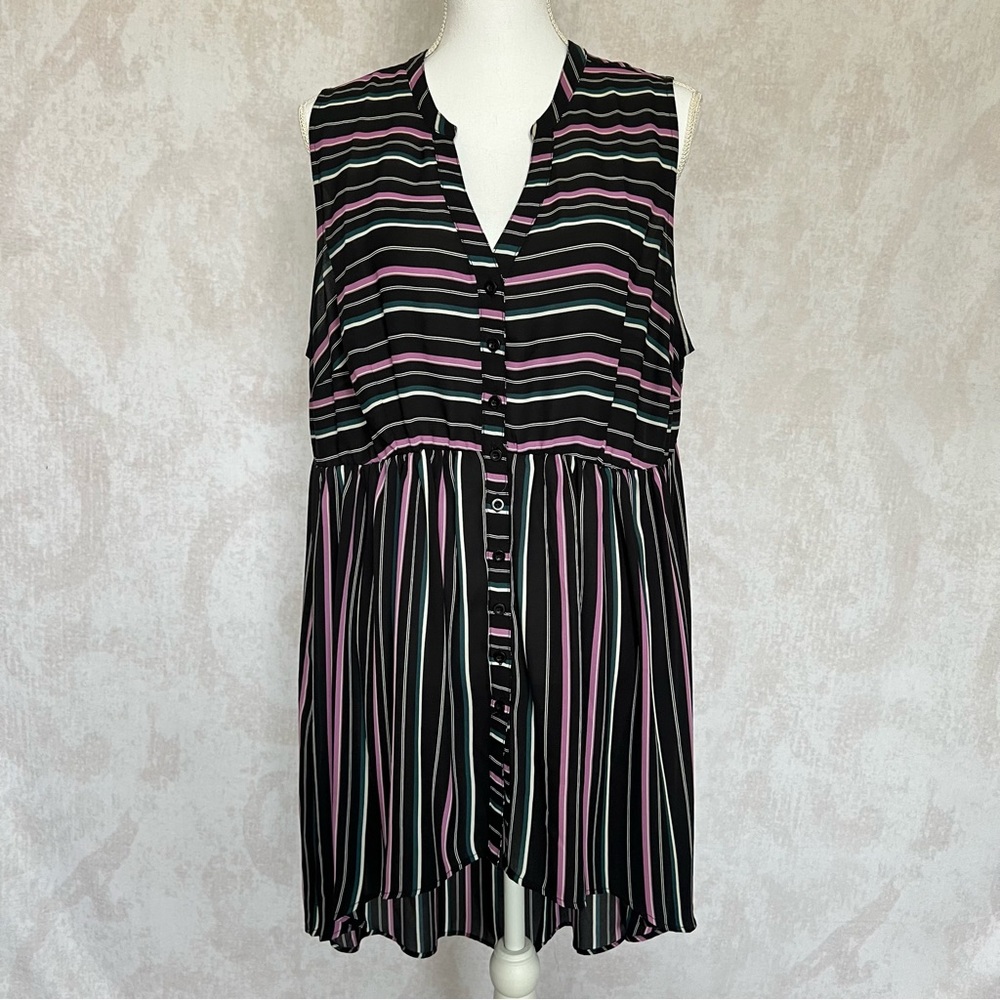 Women’s Black Sleeveless High-Low Top with Purple/Green/White Stripes.